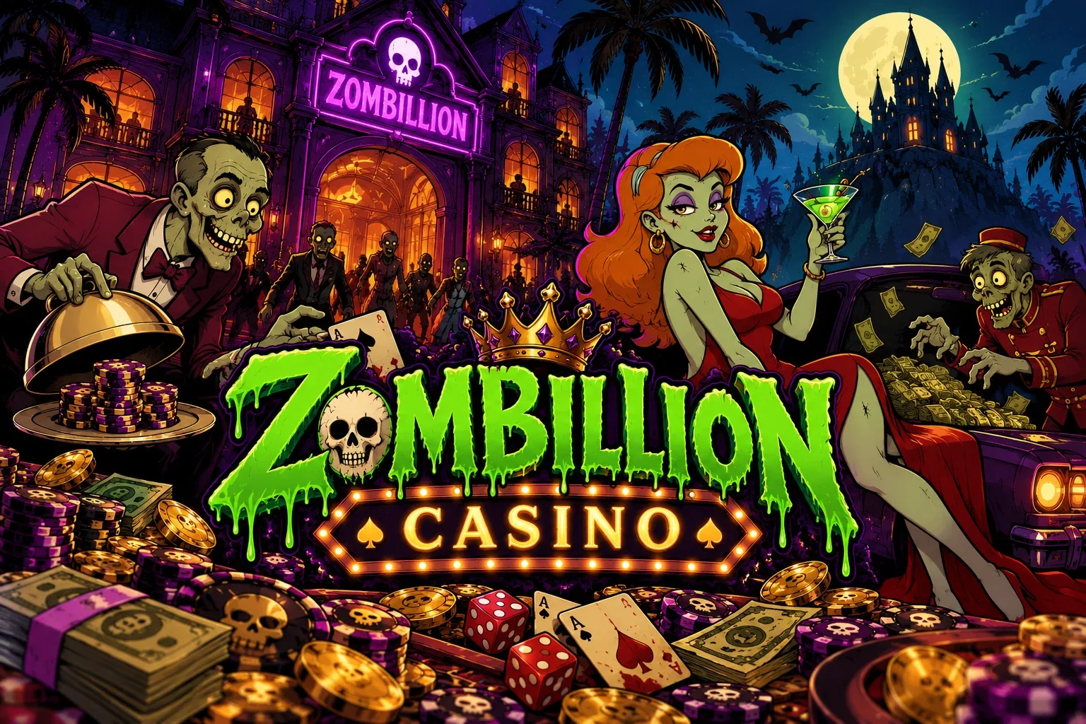 Zombillion Casino banner: zombie manor and casino floor